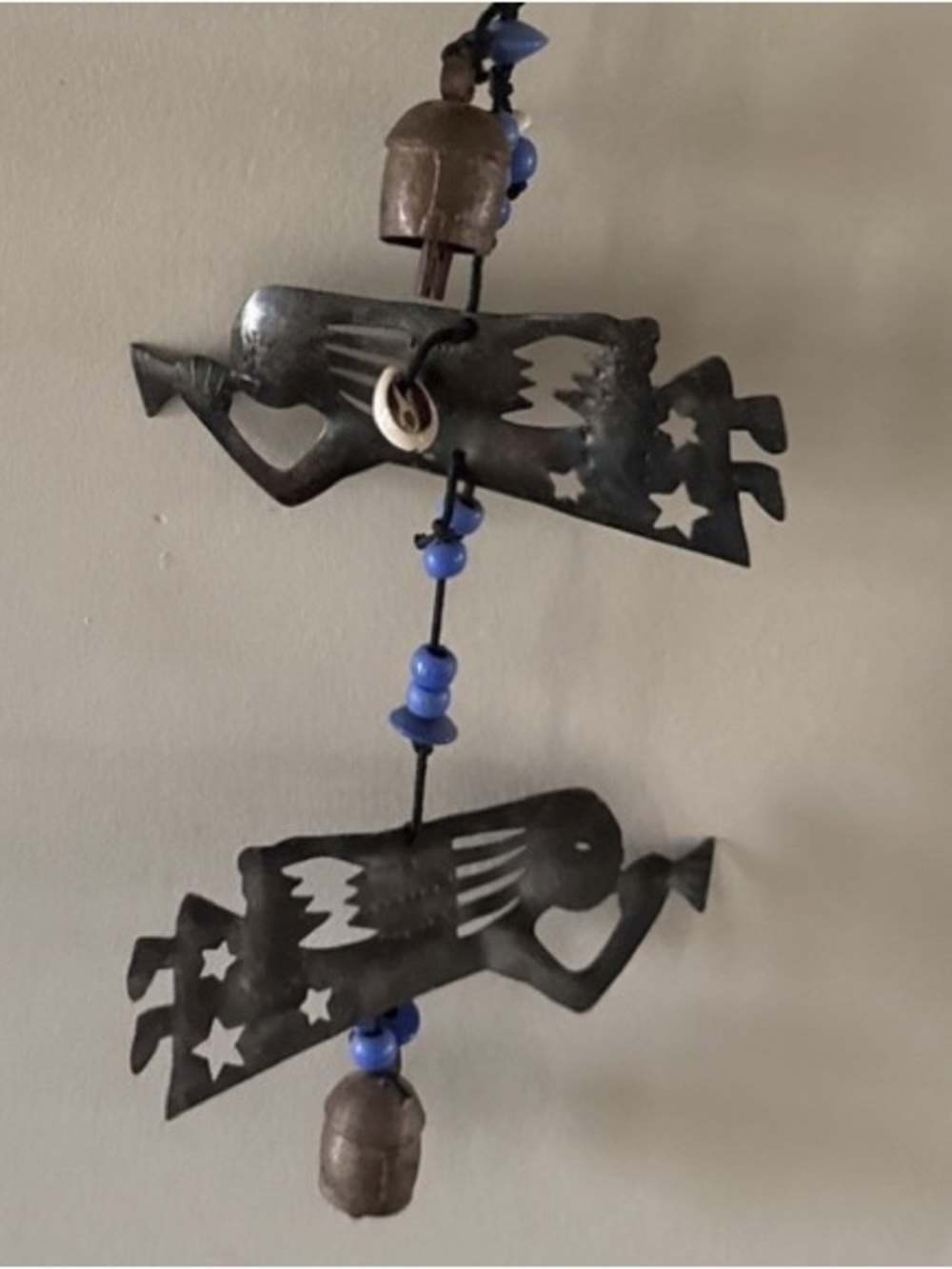 Handcrafted Black Metal Angel Wind Chime with Blue Beads